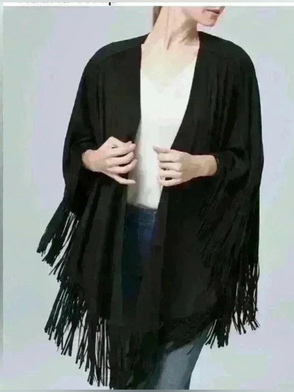 Black Faux Suede Fringe Trimmed
Ruana Wrap One Size NWT